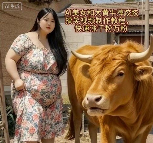 『精品课程』AI美女和大黄牛摔跤搞笑荒诞视频制作教程，快速涨千粉万粉-智扬星海